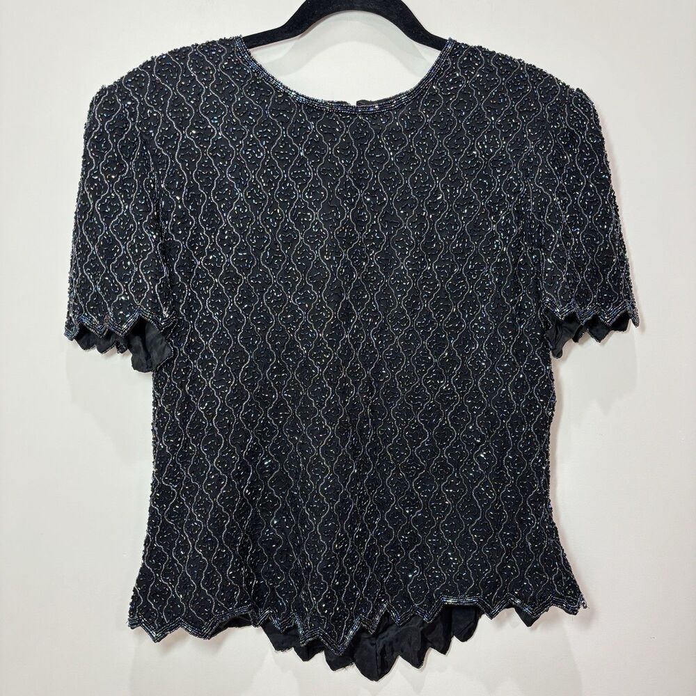 VTG Papell 100% Silk Beaded Top L Black Evening 90s Wedding Sparkle Glam Party